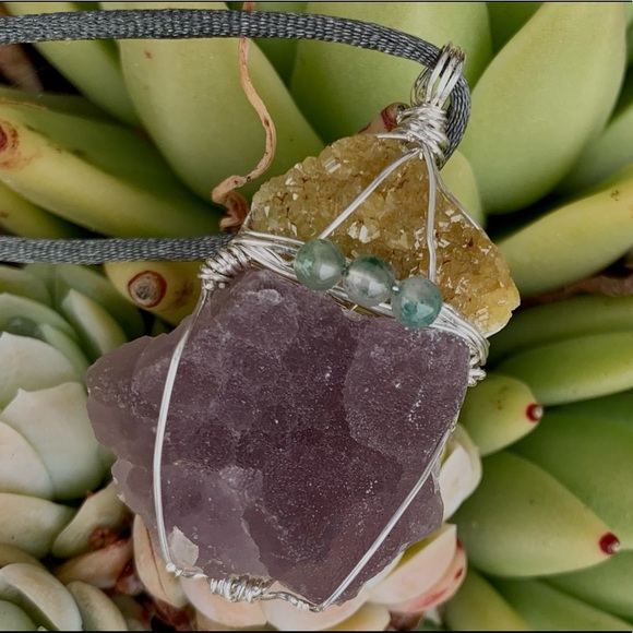 Gold Barite, Fluorite Drusy & Moss Agate Necklace - Picture 10 of 16